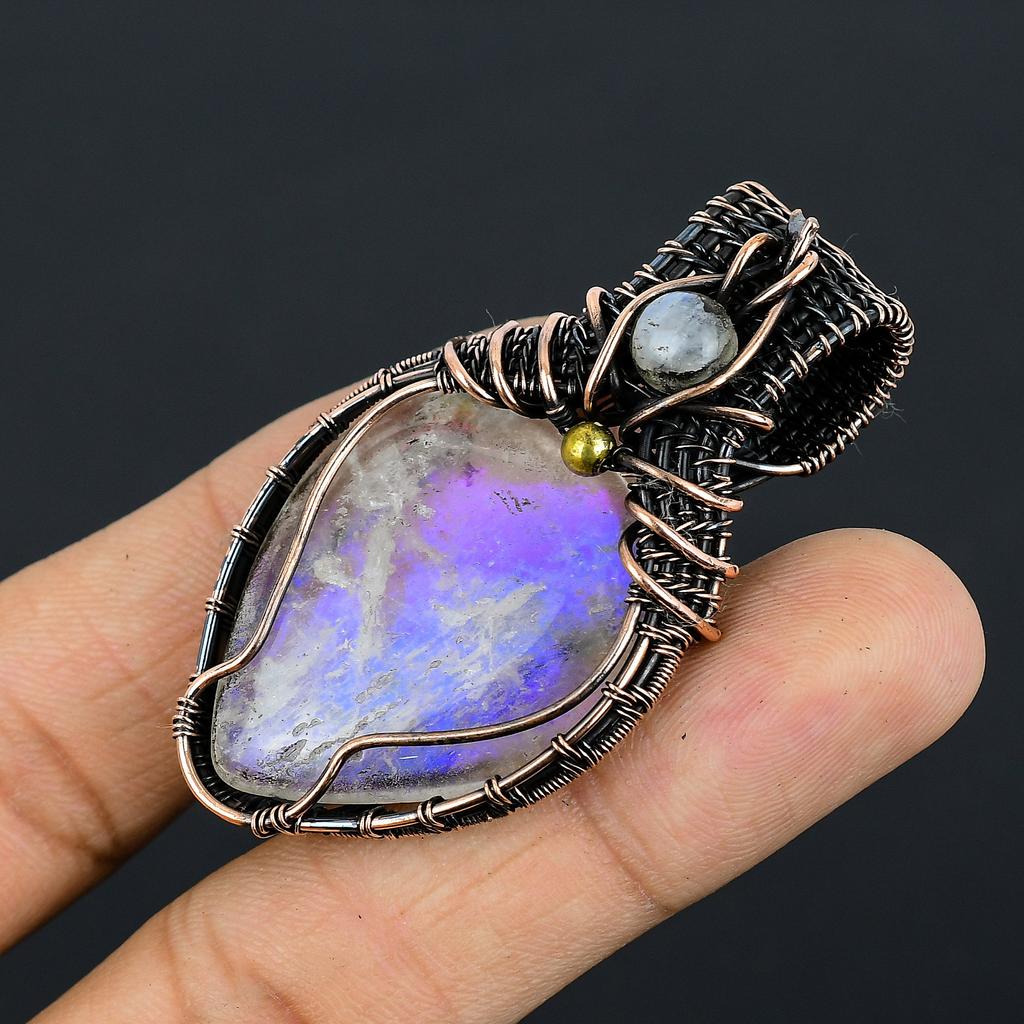 Natural Rainbow Moonstone Gemstone Copper Wire Wrap Pendant Gift 2.35" d8I87