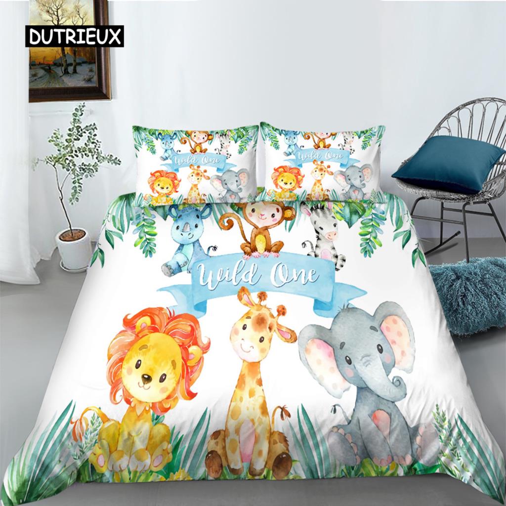 Cartoon Animal Happy Birthday King Queen Duvet Cover Cute Lion Bedding Set Kids Boys Girls Elephant 2/3pcs Polyester Quilt Cover