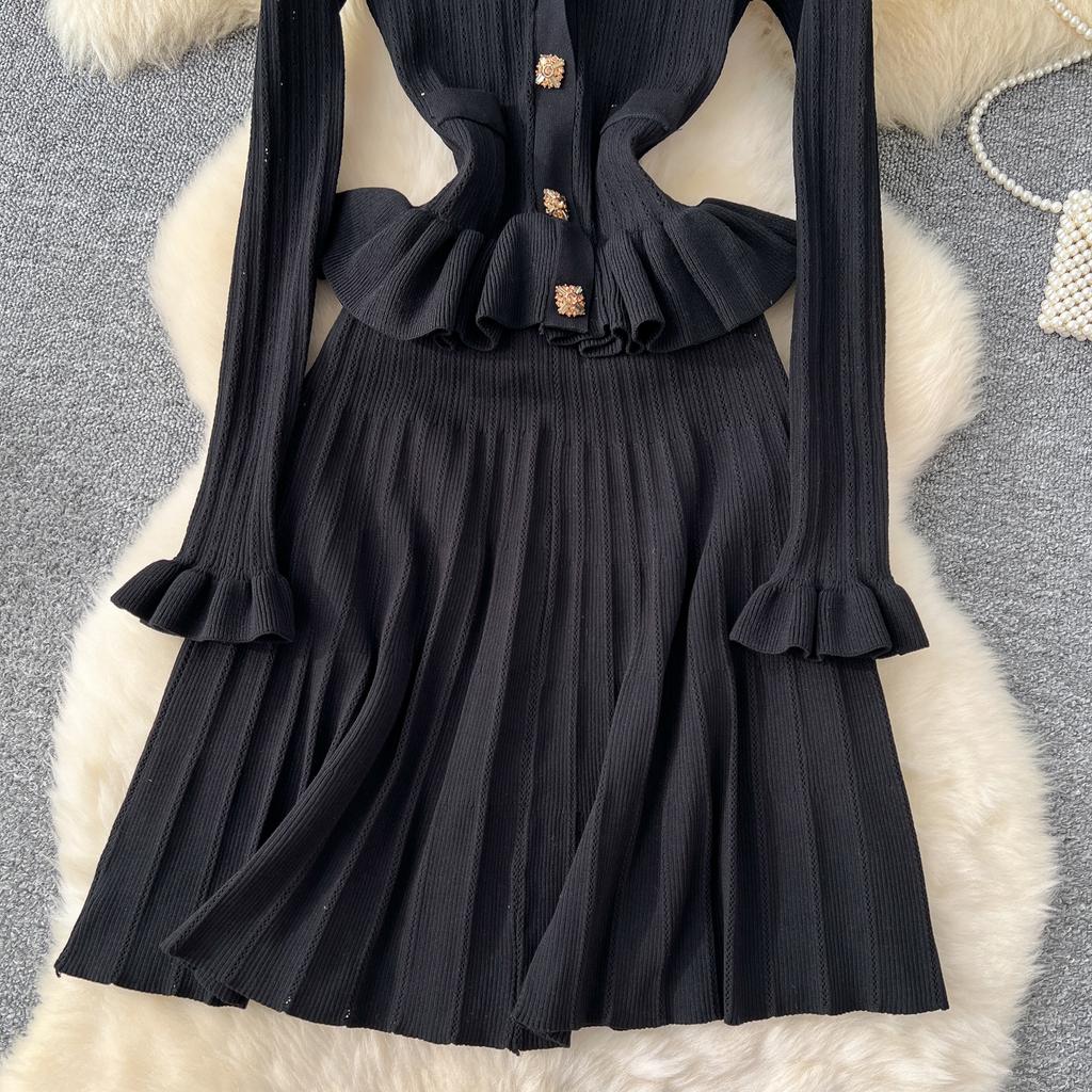 Elegant Ruffle Knit Sweater Vintage Chic V-neck Breasted Long Sleeves Slim Dresses French Office Lady High Street Autumn Winter Clothing