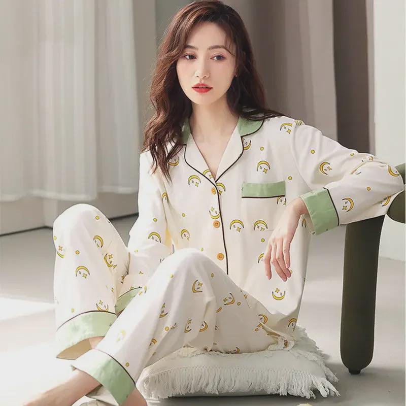 

Женская пижама премиум-класса из 100% хлопка: Милый повседневный комплект из кардигана с длинными рукавами для весны, лета и осени Double Extra Large