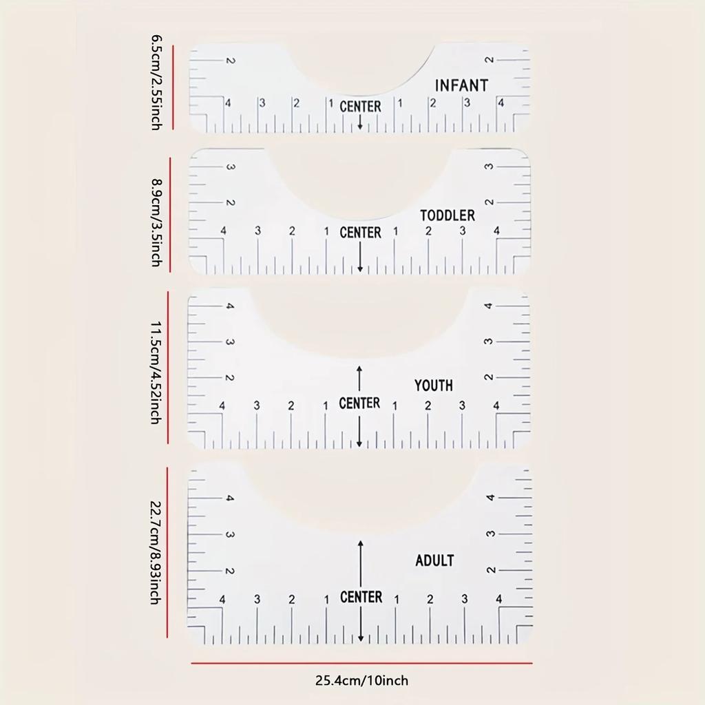 Transparent Acrylic T-shirt Alignment Ruler, Clothing Graphic Ruler, Front and Back Measurement, Sewing Guide Tools, 4 Pcs