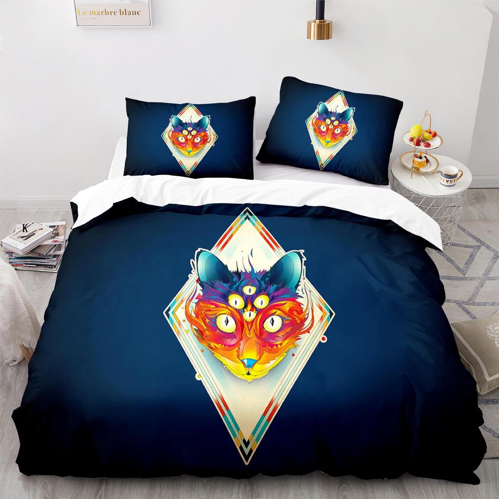 Cat Duvet Cover Set King Size Cute Cats Pattern Bedding Set Decorative Animal Polyester Comforter Cover with Pillowcases for Kid