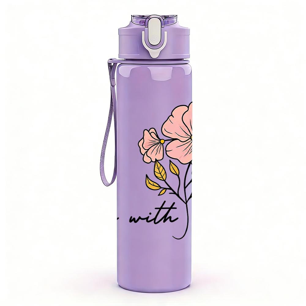 1PC Bloom With Grace Floral Graphic,750ml Color Plastic Sports Water Bottle,Leakproof Flip Straw Lid,Suitable for Sports Office Home Use