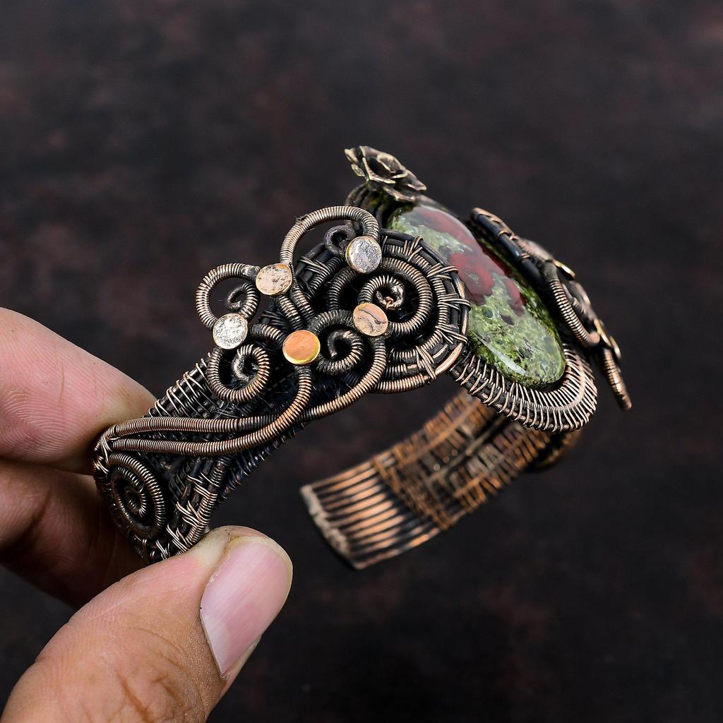 Dragon Bloodstone Bangle Copper Wire Wrapped Bangle Gemstone Cuff Bracelet Adjustable Bangle Copper Jewelry For Gift Handmade Flower Bangle