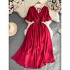 Retro V-neck Open Back A- line Large Hem Short Sleeve Dress