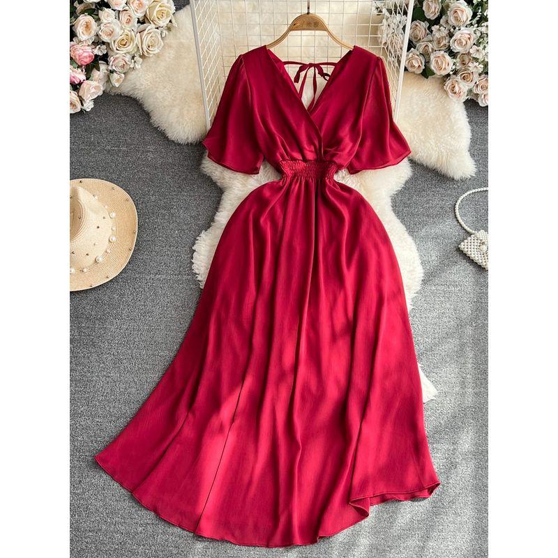 Retro V-neck Open Back A- line Large Hem Short Sleeve Dress