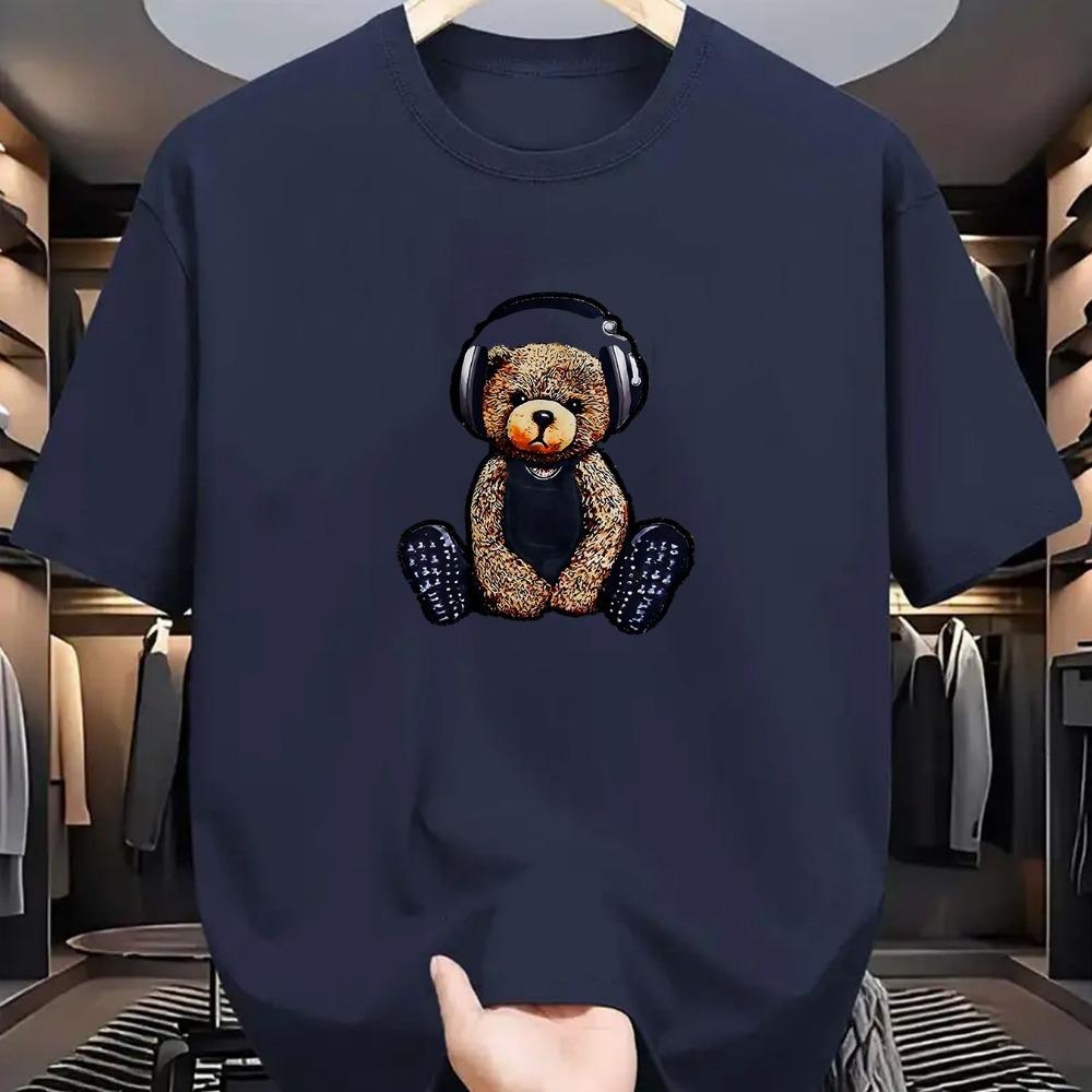 Men's Summer Cotton Fashion Casual Sports Loose Music Bear Pattern Printed Round Neck Short Sleeve T-shirt Top