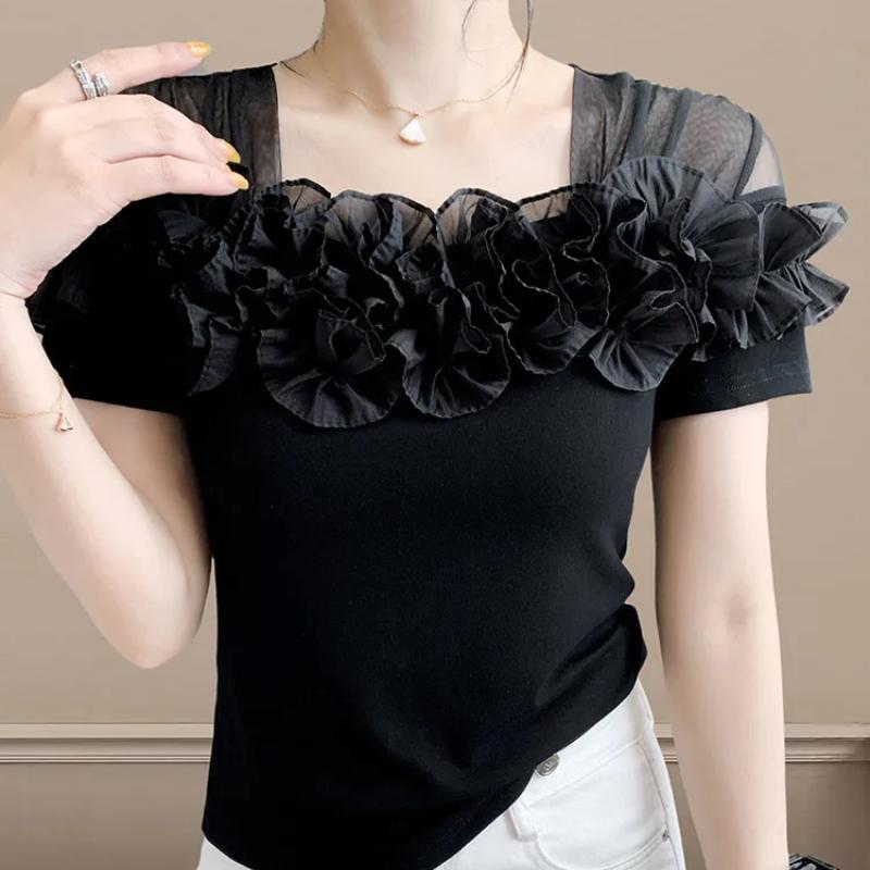 Klassisk Sommer Dame Mesh Volang Blomsterpynt Firkantet Krage Kort Ermet T-skjorte Elegant Boutique Dame Casual Topper T-skjorter