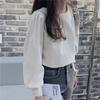 Korean Chic Autumn White Mist Haze Blue Round Neck Bubble Sleeve Top Loose Age Reducing Round Neck Long Sleeve Shirt for Women