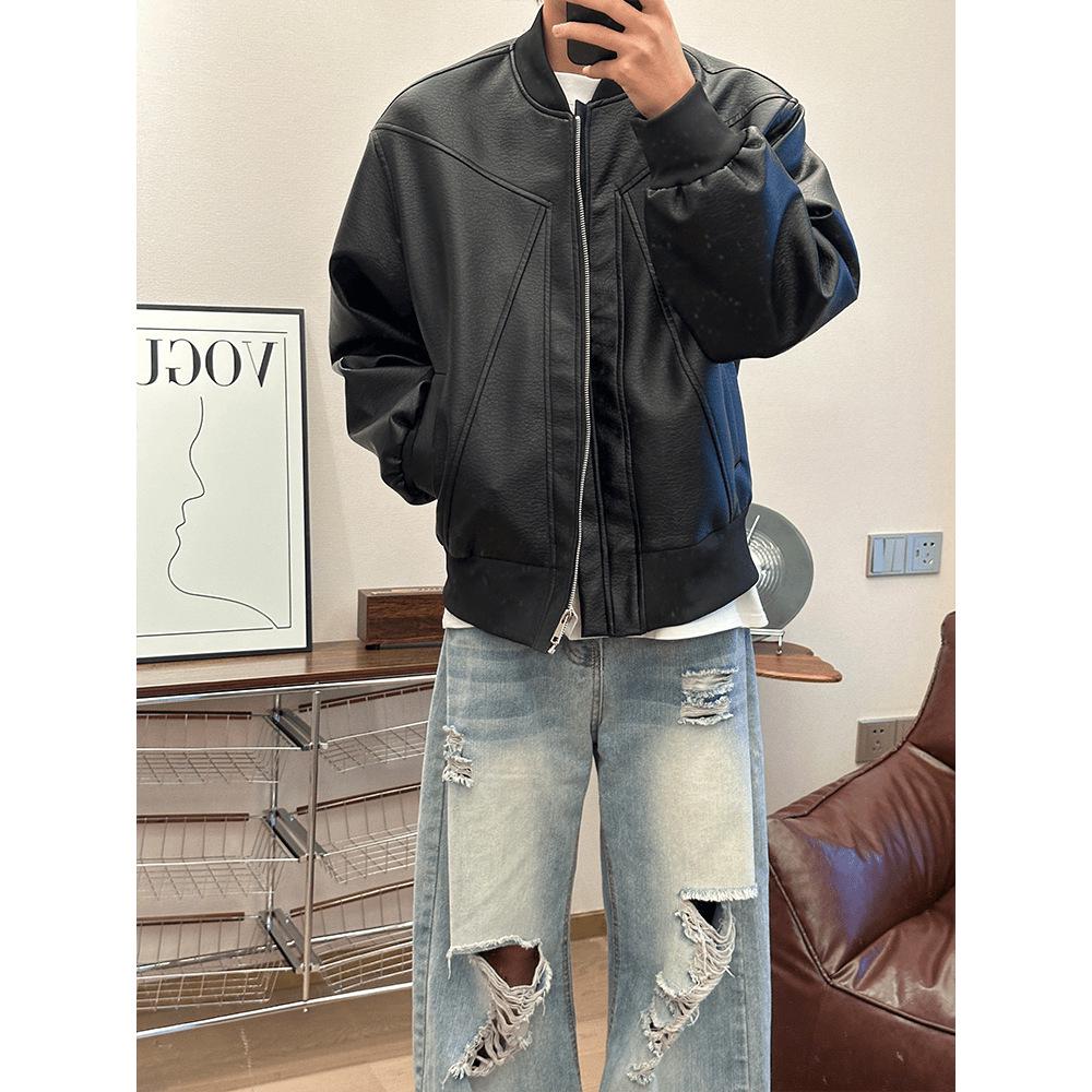 

Men s Retro Stand Collar PU Leather Biker Jacket - High-End Autumn Vibes Baseball Style XXXL чорний