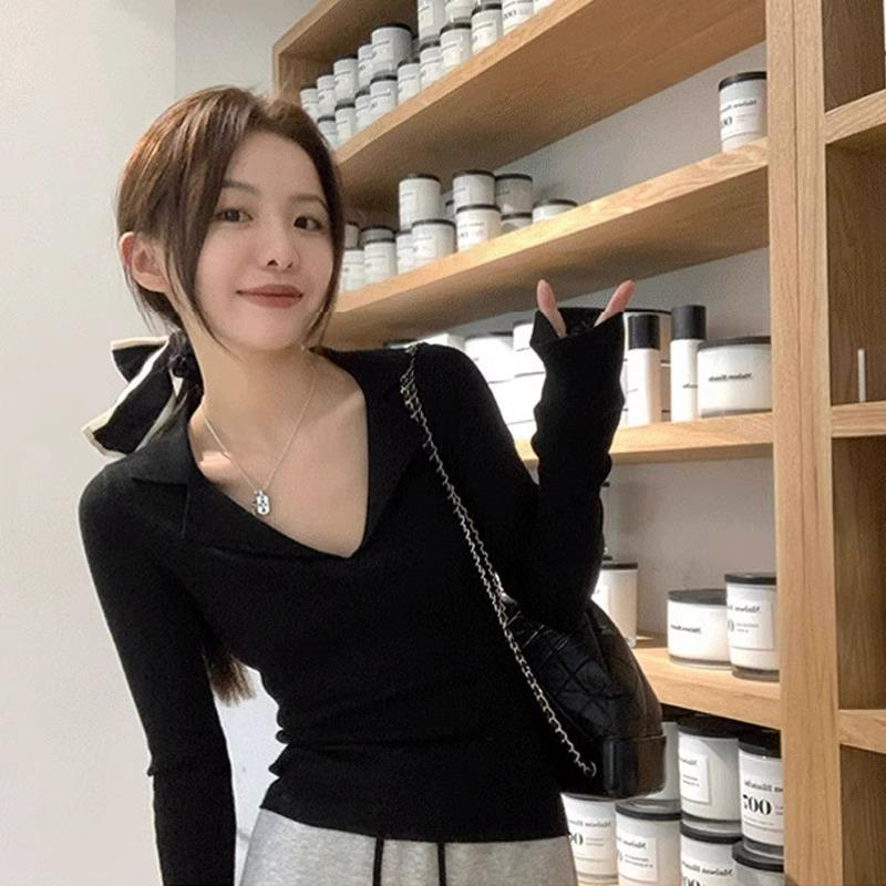 Flower Camel Collar Slim Fit Sweet and Spicy Bottoming Shirt Women's Autumn Polo Lapel Pit Strip Top Sweater