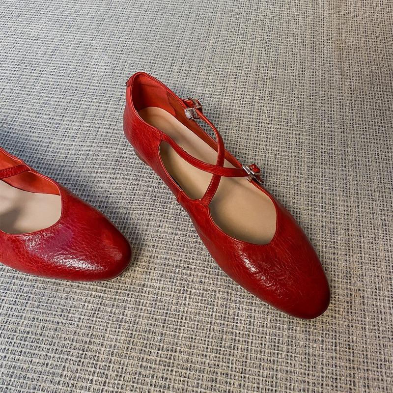 Washed cowhide~ Red ballet shoes retro leather cross-strap Mary Jane shoes women's round head shallow mouth flat-soled single shoes