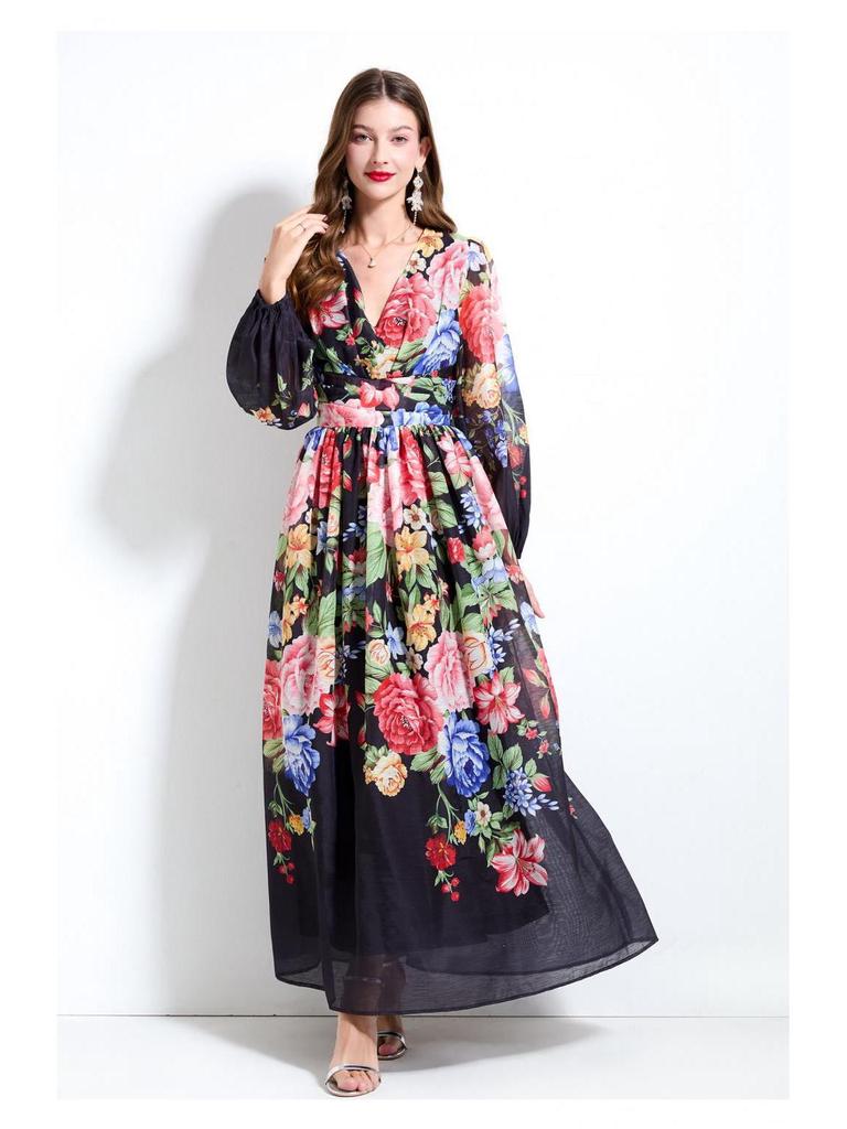 2025 Spring/Summer Floral V-Neck Lantern Sleeve Dress with Ruched Waist & Ruffle Hem