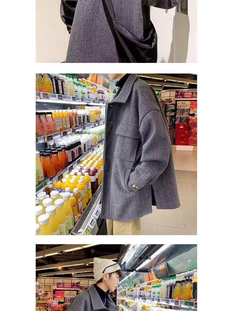 Men's Mid-Length Woolen Coat: Casual, Trendy, Oversized High-End Winter and Autumn Windbreaker.