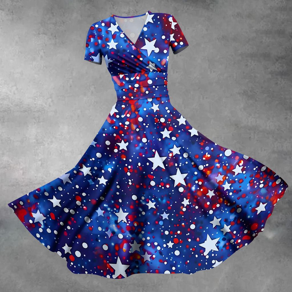 Women's Fashion Casual Independence Day Printed Short Sleeve Dress Elegant Maxi Dress