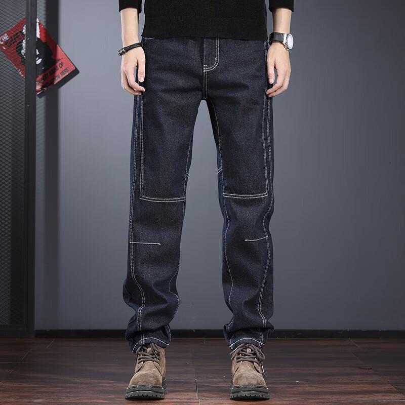 

Jielenuo Men s Straight Fit Dark Blue Jeans with Contrast Stitching L