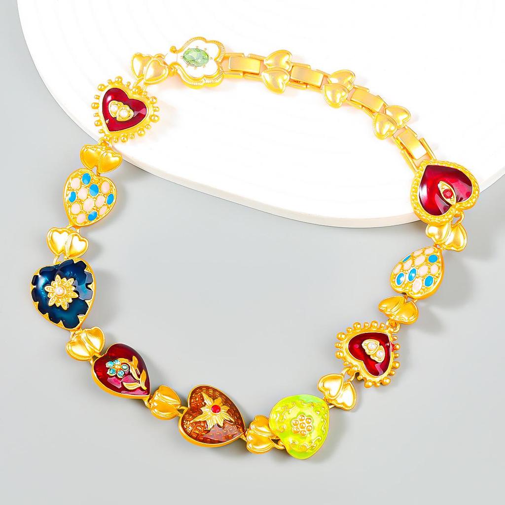 Heart-Shaped Multi-Layer Love Flower Necklace - Bohemian Alloy Oil Drop Accessory