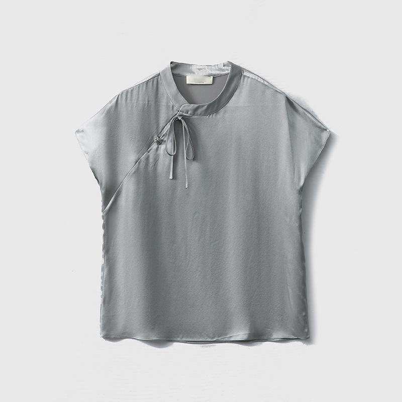 Chinese Style Silk Satin Mandarin Collar Blouse - Women's Summer Tie-Up Raglan Sleeve Top