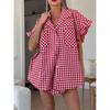 Elegante Conjunto de Camisa Casual a Cuadros con Volantes y Pantalones Cortos de Cintura Alta para Mujer, Nueva Colección de Verano