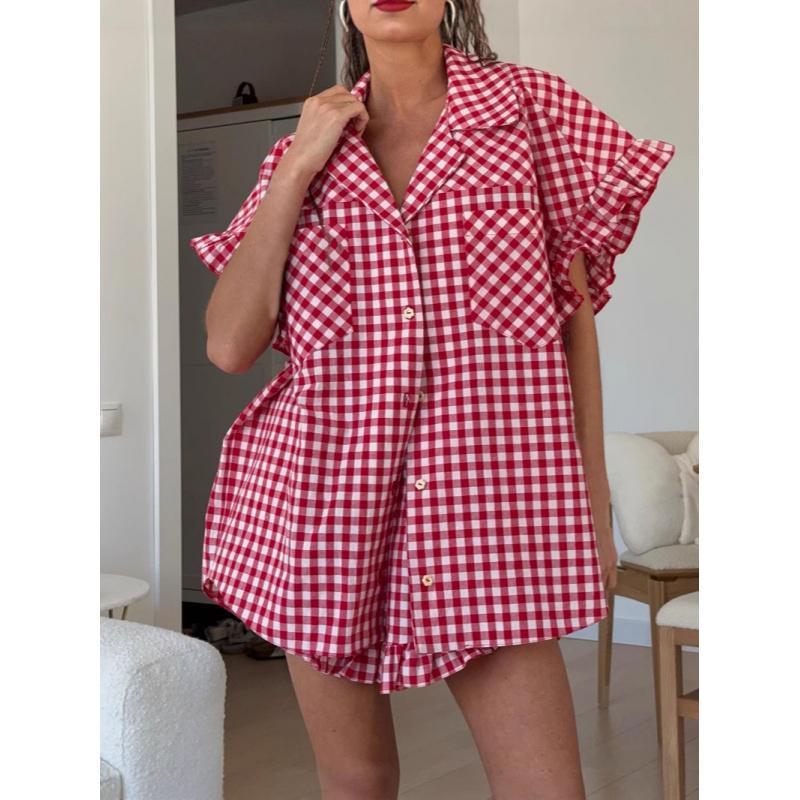 Elegante Conjunto de Camisa Casual a Cuadros con Volantes y Pantalones Cortos de Cintura Alta para Mujer, Nueva Colección de Verano