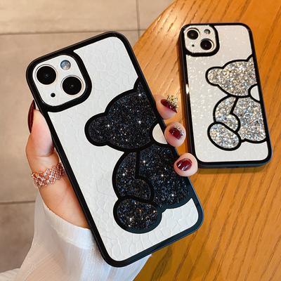 Cute Korean Glitter Bear Leather Soft Case For iPhone 14 Pro Max 14 Plus 13 12 11 XS XR X Luxury Bling Shockproof Silicone Cover