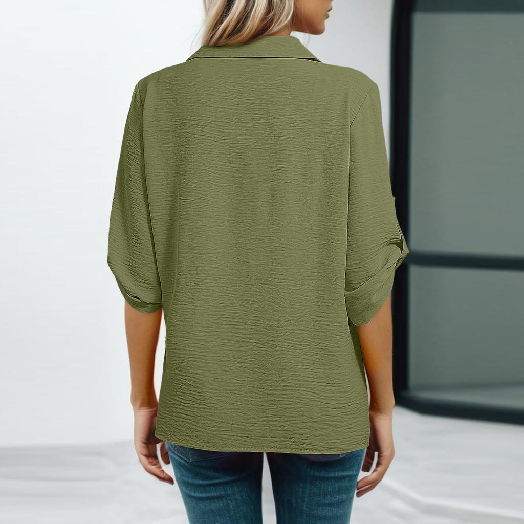 Top da donna casual a manica 3/4 con scollo a V e lavorazione traforata