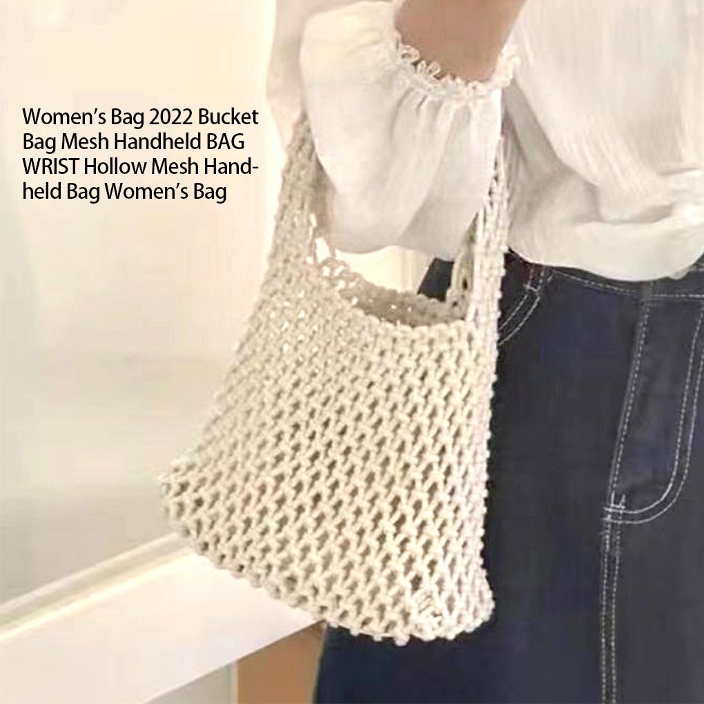 Women Woven Bucket Bag Mesh Hollow Bags with Leather Bottom Organizer Container Handbag for Summer Outdoor Picnic Shopping