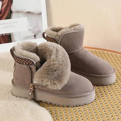 Damenschuhe Plateau Schneestiefel Winter Ethnischer Stil Plus Fleece Fell Integriert Nordost Verdickt Übergröße Baumwollschuhe