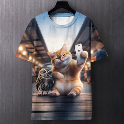 Fun Cute Cat Printed Men's Fashionable Comfortable Casual Sporty Loose Creative Personalized Plus Size T-shirt