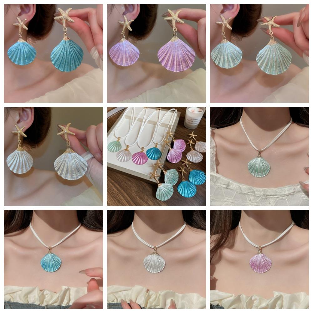 Zinc Zinc Alloy Earrings Necklace Shell Starfish Necklace Starfish Beach Earrings  Girls Couple Gift
