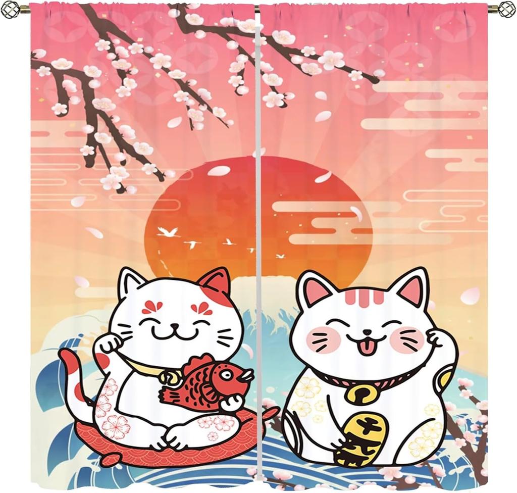 Moderne Japanische Vorhänge Glückskatze Berg Fuji Kirschblüten Traditionelles Muster Dekor Vorhänge für Schlafzimmer Wohnzimmer