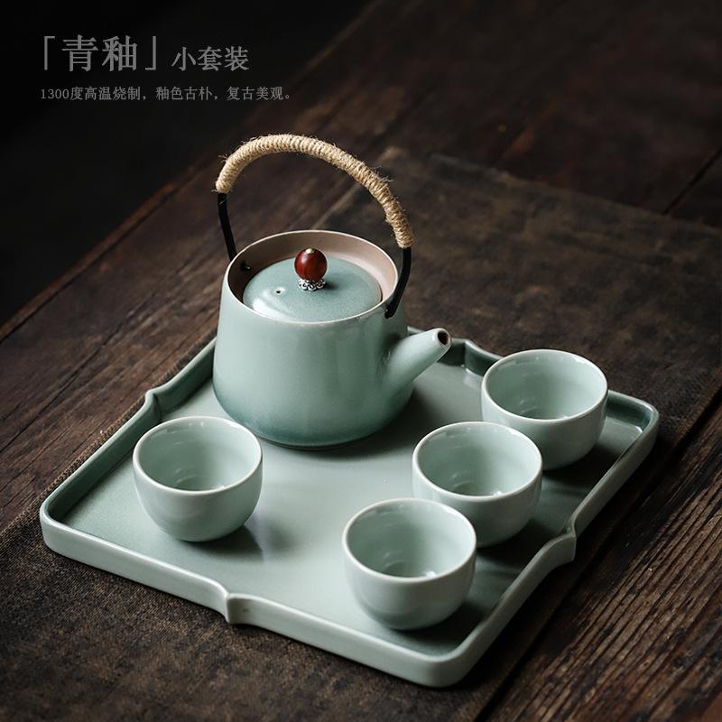 Ceramic Kung Fu tea set, small set, household with tea tray, teapot, teacup, azure simple tea set, complete set of tea gifts