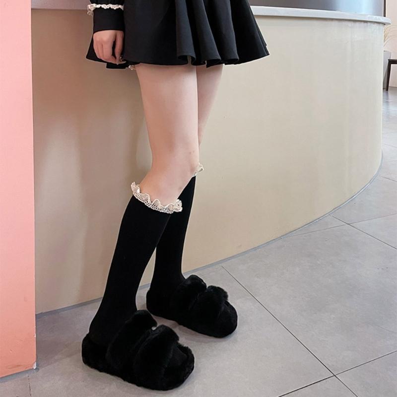 Women Winter Fall Vertical Striped Ribbed Knit Long Socks Japanese JK Sweet Frilly Ruffle Lace Trim Knee High Stockings