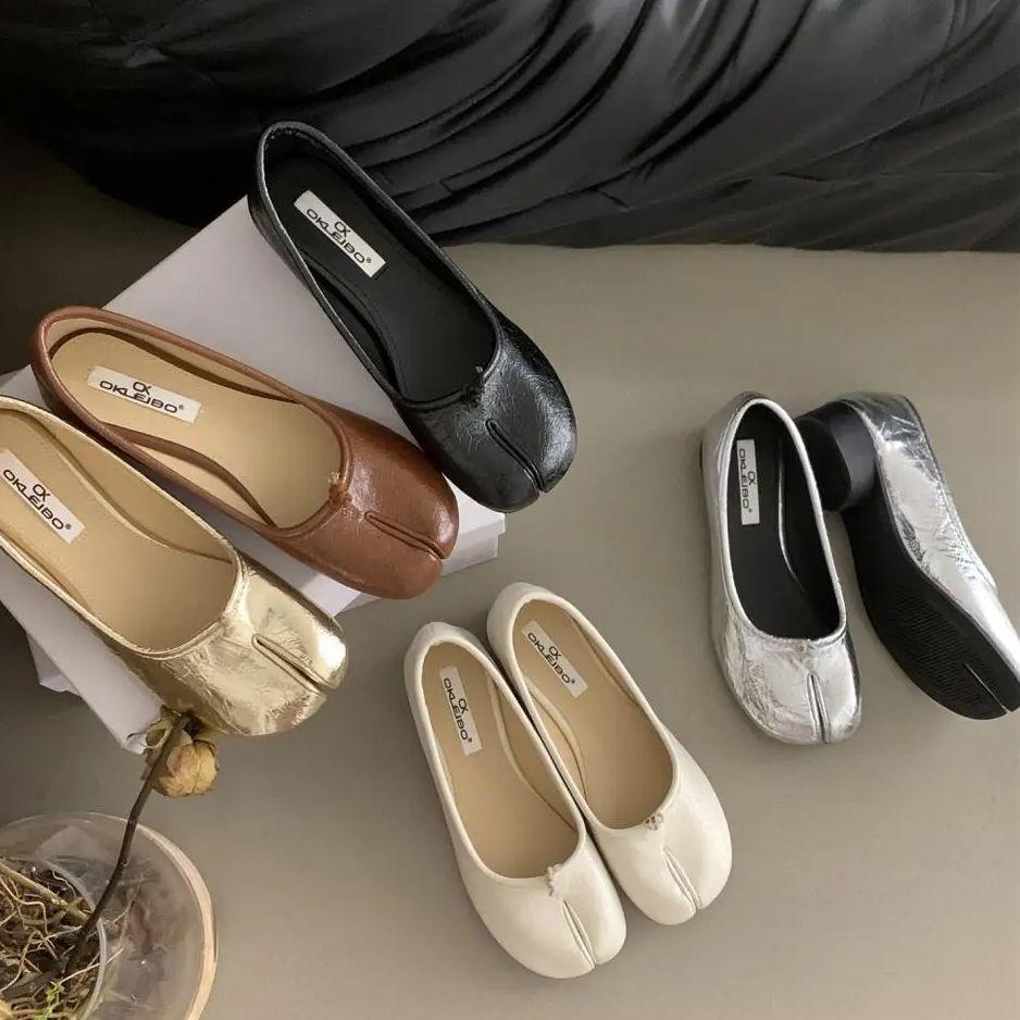 Fashion IPPEUM Split Toe Shoes Gold Women Mary Janes Ballerina Flats Shoes Leather Dress Summer Silver Ballet Shoes