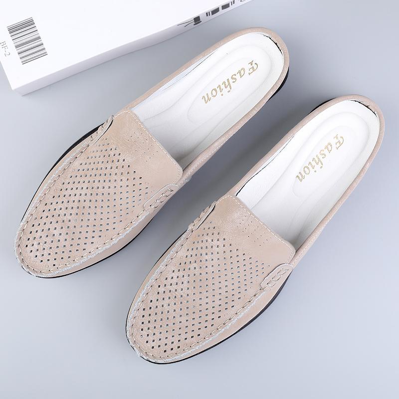 Fashion Classic Breathable Half Shoes Mens Hollow Out Genuine Leather Half Slippers Non-slip Mules Casual Outdoor Moccasins Flats Hombre