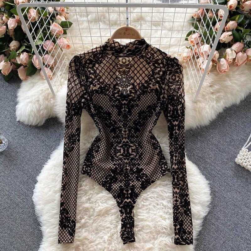 Women Long Sleeve V Neck Lace Trim Fitted Top Brown Black Multi Colors
