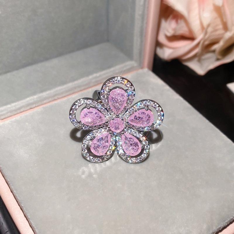 Pink zircon flower earrings, rings, luxury pink diamonds, fashion temperament, fashion set, light luxury and high-end jewelry for women