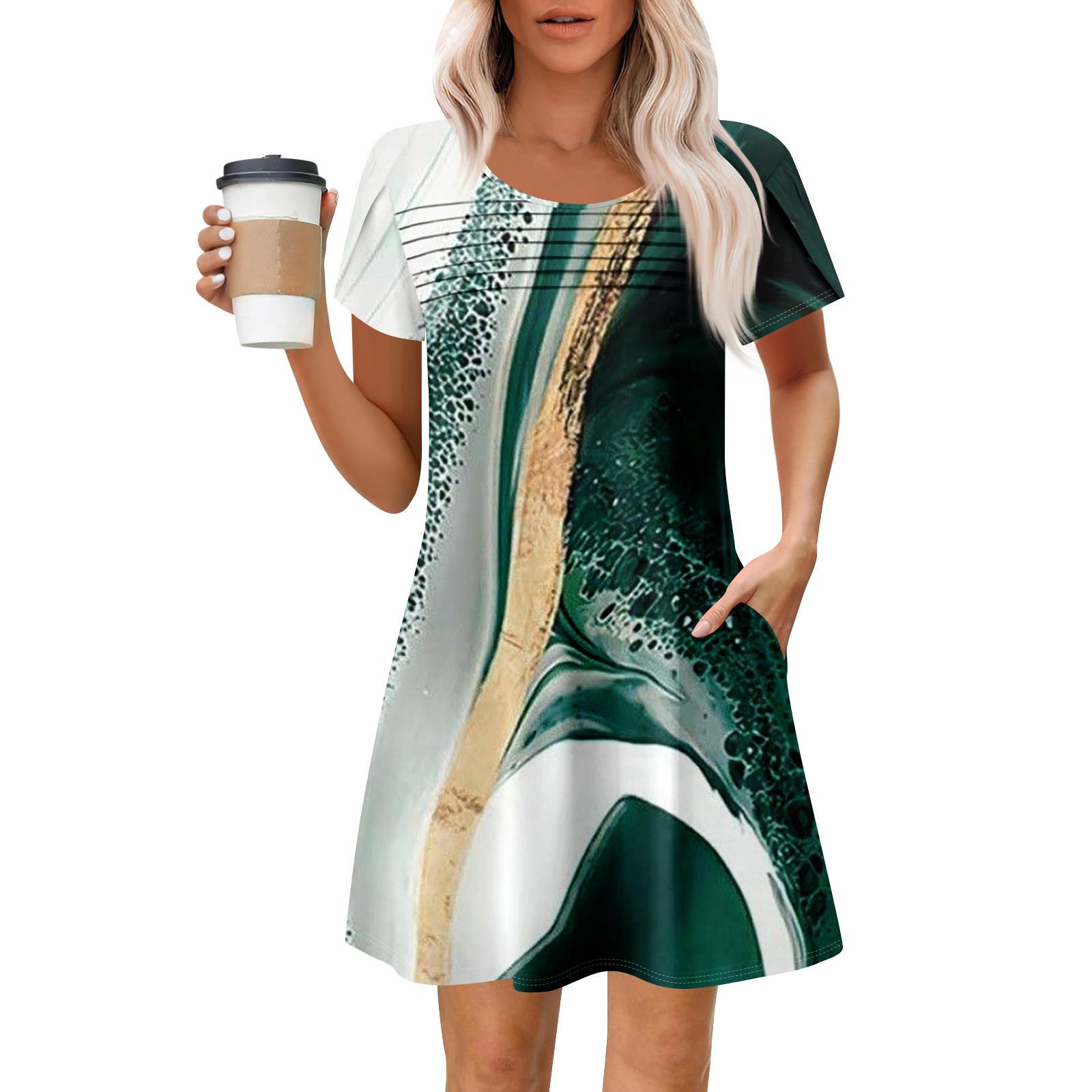 

Женские летние повседневные платья с круглым вырезом, плиссированные, с карманами, с принтом, с коротким рукавом XXL зелёный