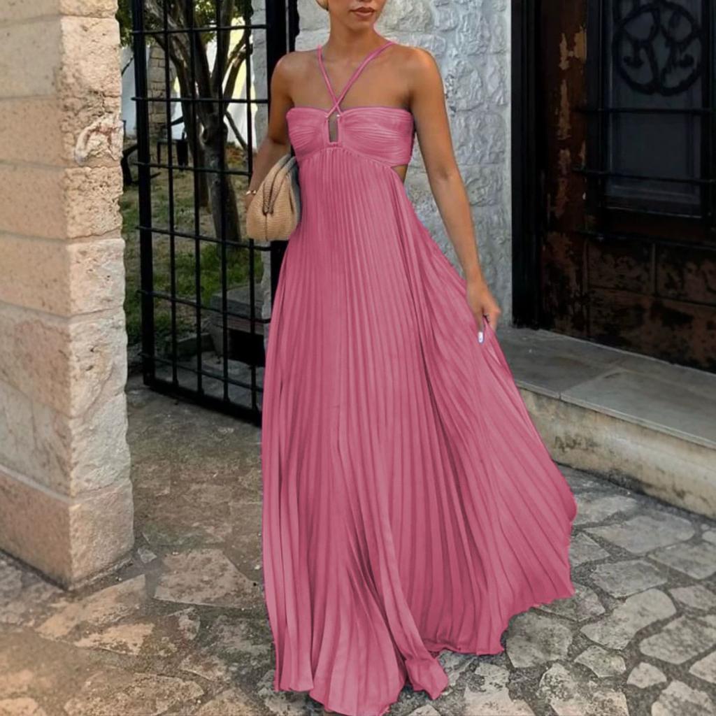 Women Strappy Neck Sleeveless Plisse Maxi Dress Solid Color Cut Out Backless Beach Vacation Dress