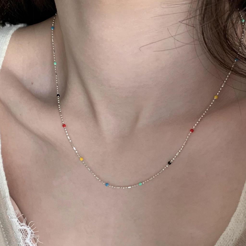 S925 Rainbow Round Bead Necklace - Girls' Niche Design, Personality Ins Style, Dopamine Candy Layered Necklace
