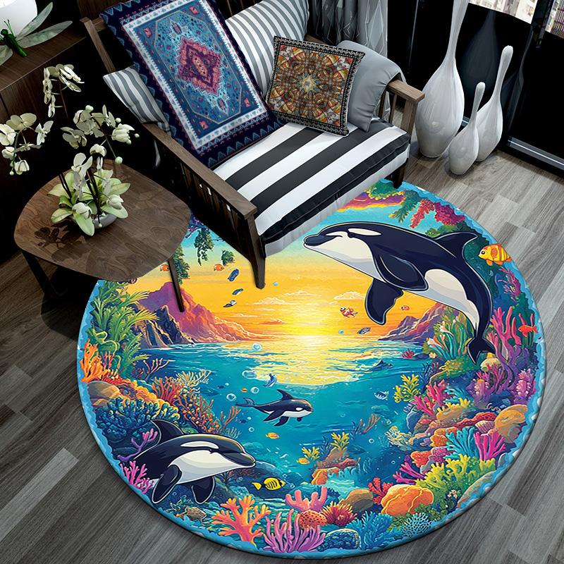 Orca Whales Round Area Rug,Carpet Rug for Living Room Bedroom Sofa Playroom Decor,Non-slip Floor Mat