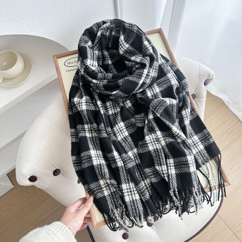 Autumn and Winter Gentle High-end Plaid Scarf Girls Dry Rose Pink Scarf Imitation Cashmere Fringed Scarf