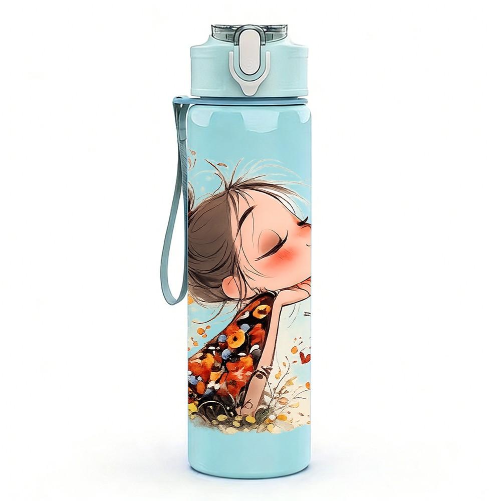 1PC Little Girl Oriental Style Art Print 750ml Color Plastic Sports Water Bottle Leakproof Flip Straw Lid Suitable for Sports Office Home Use