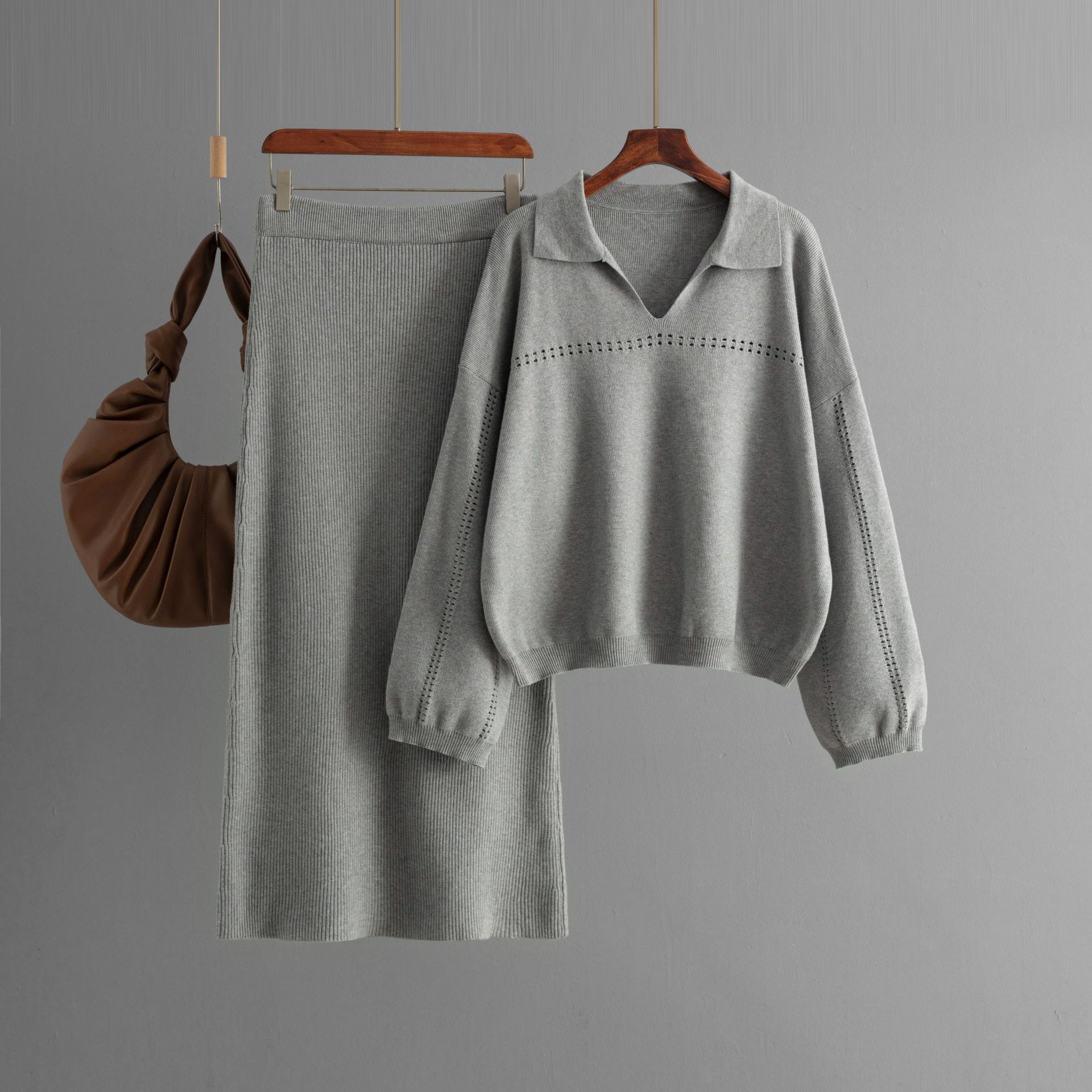 

Осень-зима ленивый ветер свободный свитер с V-образным вырезом женский однотонный трикотажный свитер с длинным рукавом широкая юбка комплект из двух предметов One Size серый