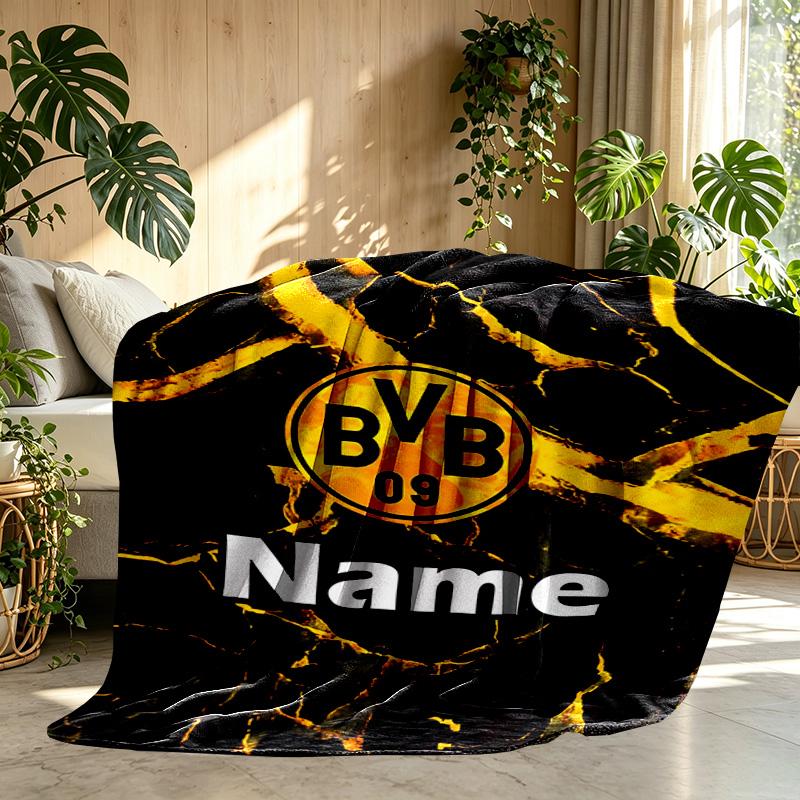 Personalizowany koc z nadrukiem Borussia Dortmund z imieniem, Dekoracja domu, Sypialnia, Sofa, Kemping, Kanapa, Prezenty na urodziny, Boże Narodzenie dla fanów