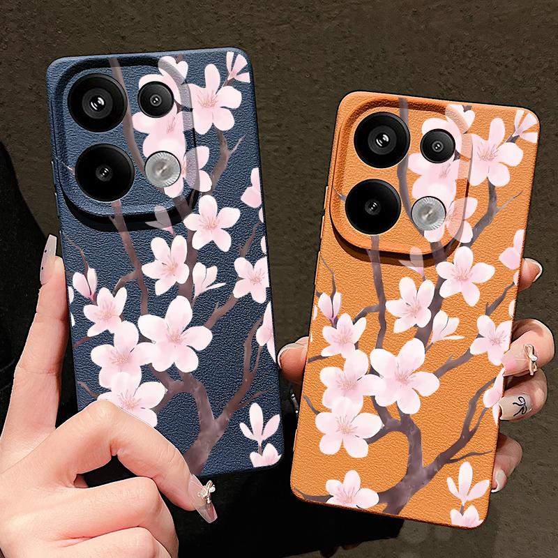 Hand-drawn Style Sakura Pattern Case For Xiaomi 14T 13T 11T Pro Funda Redmi Note 14 13 Pro 5G 12 11 Leather Texture Silicone Cover