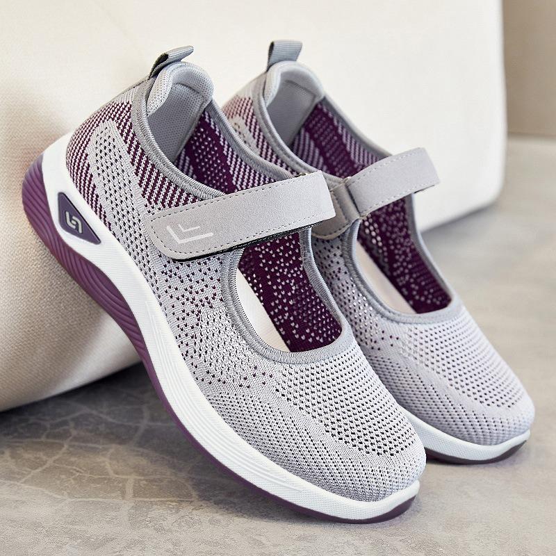 Women's Middle-Aged & Elderly Mother's Shoes – Shallow Breathable Flat Fly-Knit Casual Shoes, Velcro Walking Shoes for Seniors