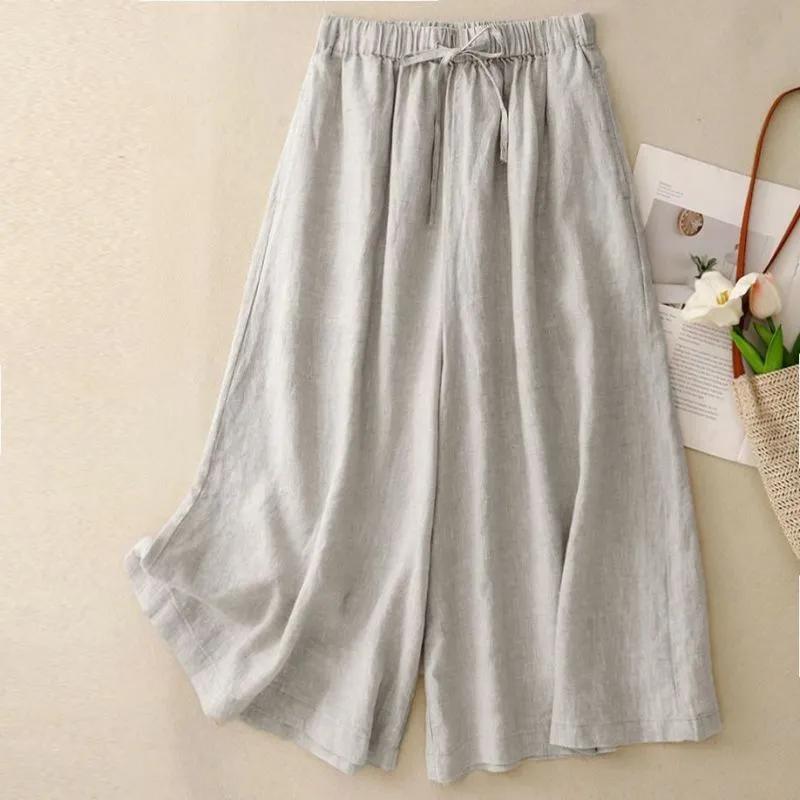 Damskie spodnie cropped z mieszanki lnu, szerokie nogawki, elastyczny pas ze sznurkiem, casualowe letnie spodnie