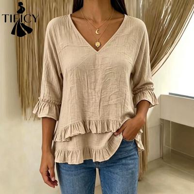 Damenmode Casual Sommer Frühling Einfarbig Druck 3/4 Ärmel V-Ausschnitt Blusen & Hemden