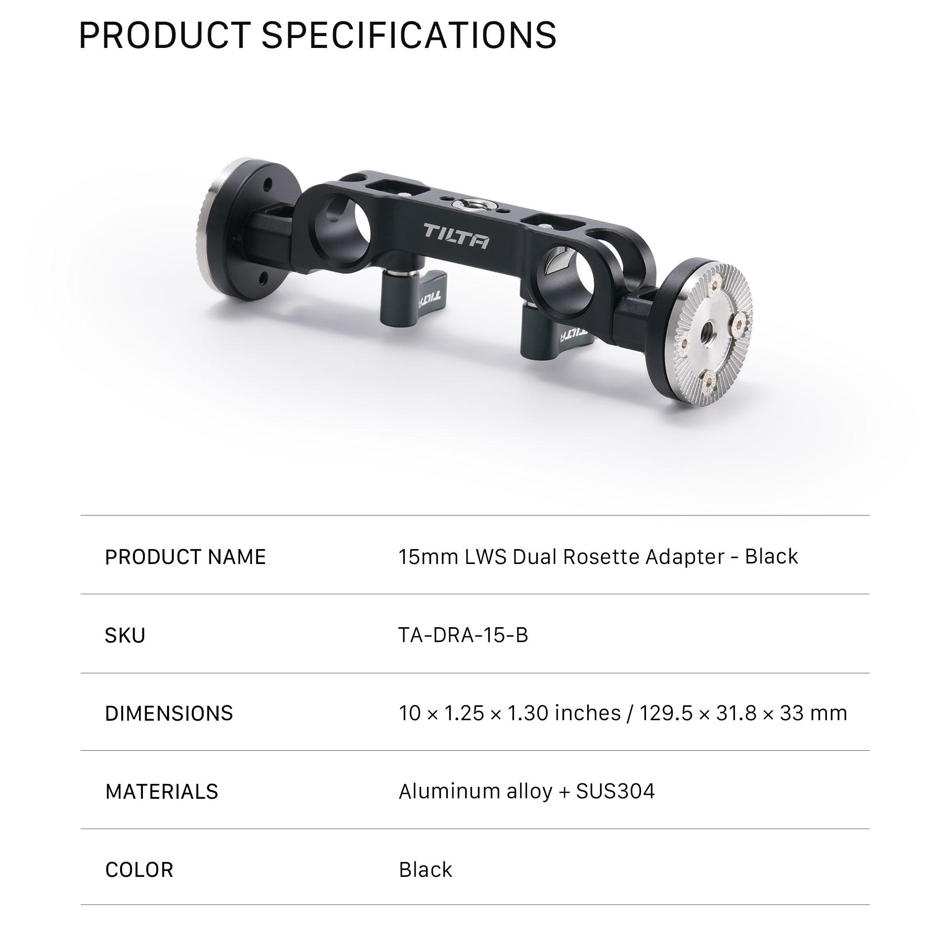 TILTA 15mm LWS Dual Rosette Adapter – Black TA-DRA-15-B Compatible with Rosette Extender Arms and Hand Grips TA-DRA-15-B